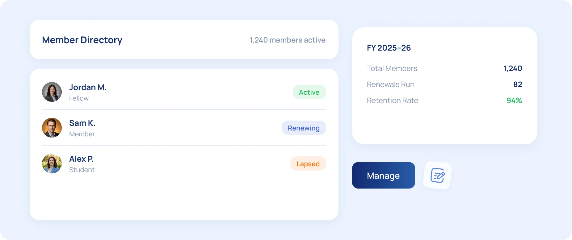 Octozy member directory with membership tiers and renewal status