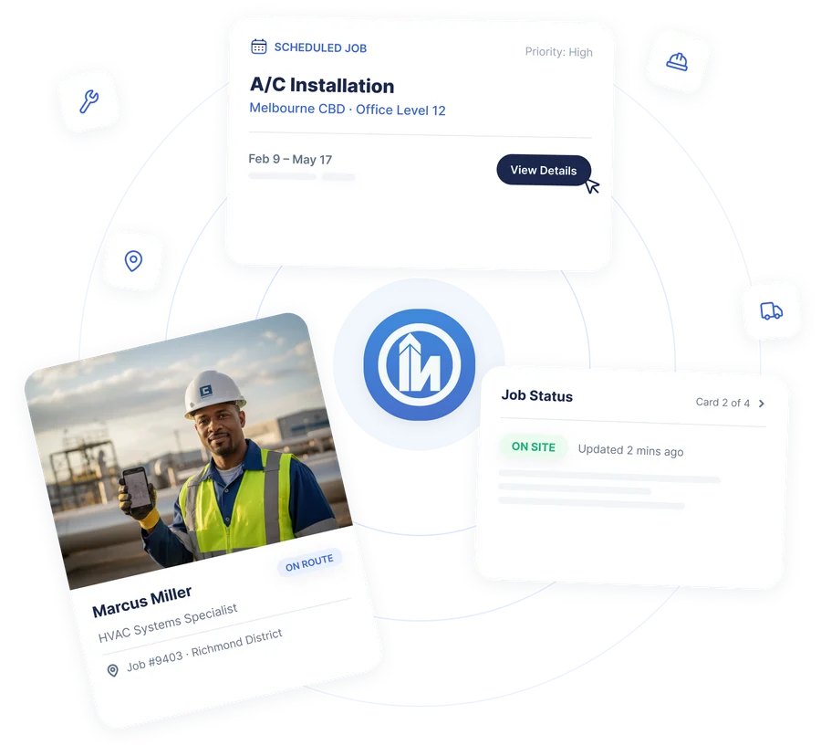 Octozy showing a scheduled job, technician on site, and job status