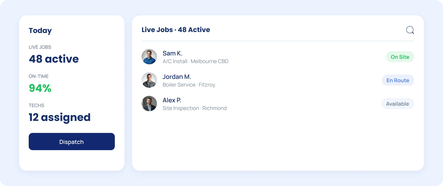 Octozy live jobs board with technician status