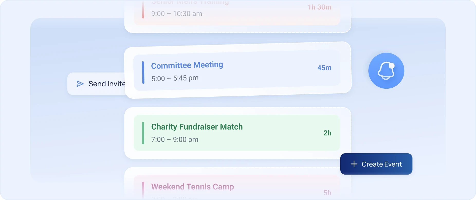Octozy events schedule with meetings, matches, and camps