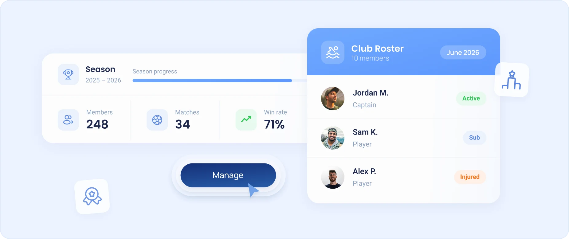 Octozy team roster with season progress and player list