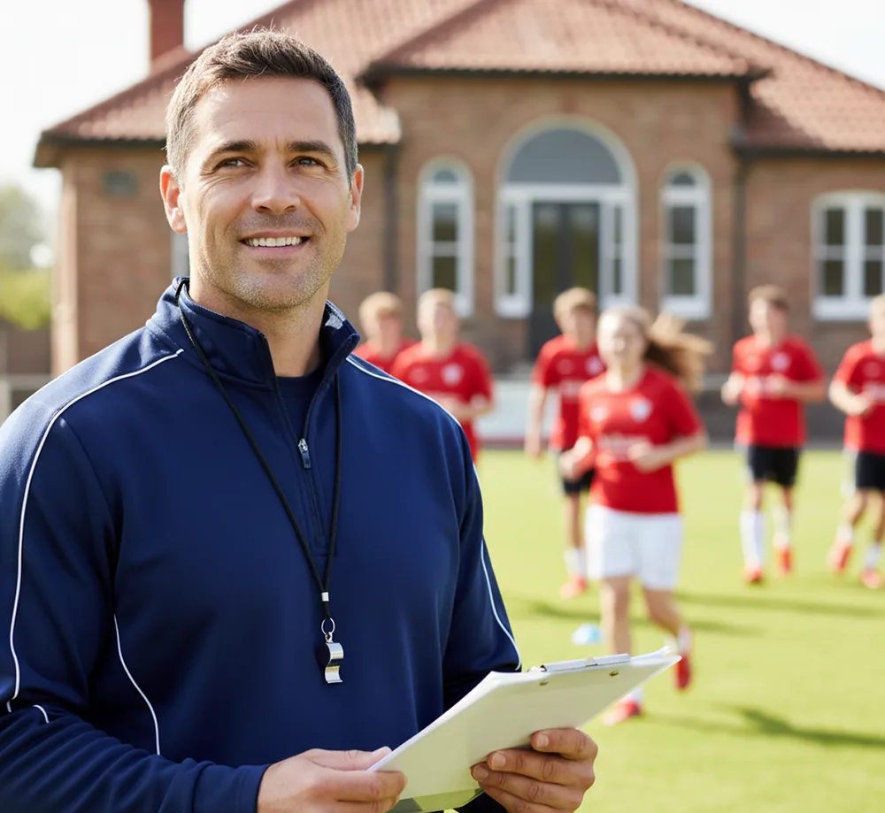 Coach reviewing notes while players train