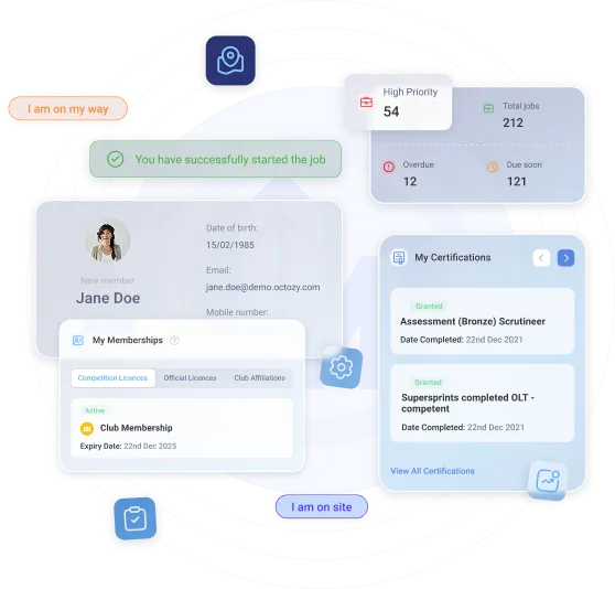 Octozy dashboard showing jobs, member records, and certifications
